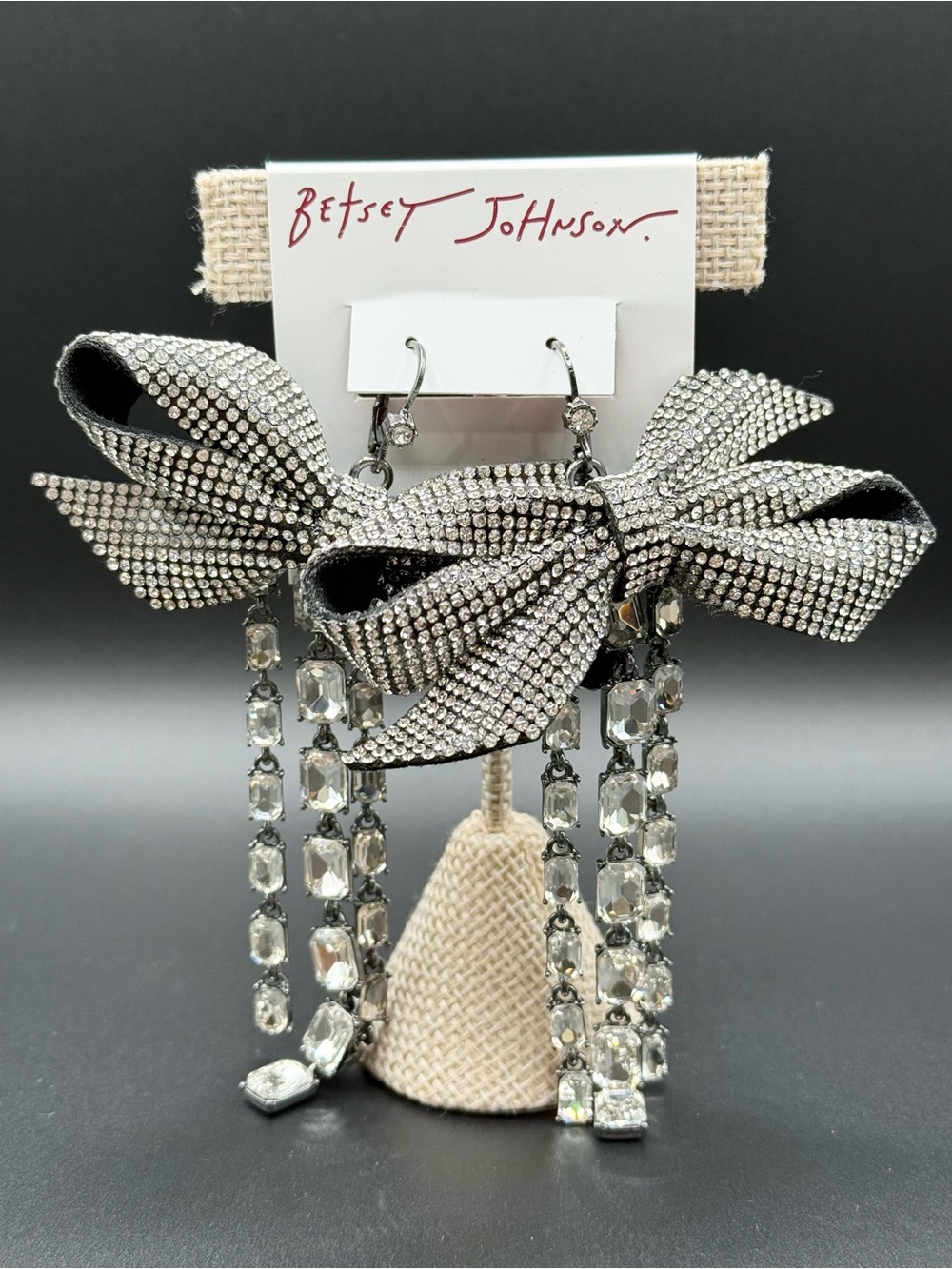 Betsey Johnson Faux Stone Pavé Silver Black Bow Fringe Earrings